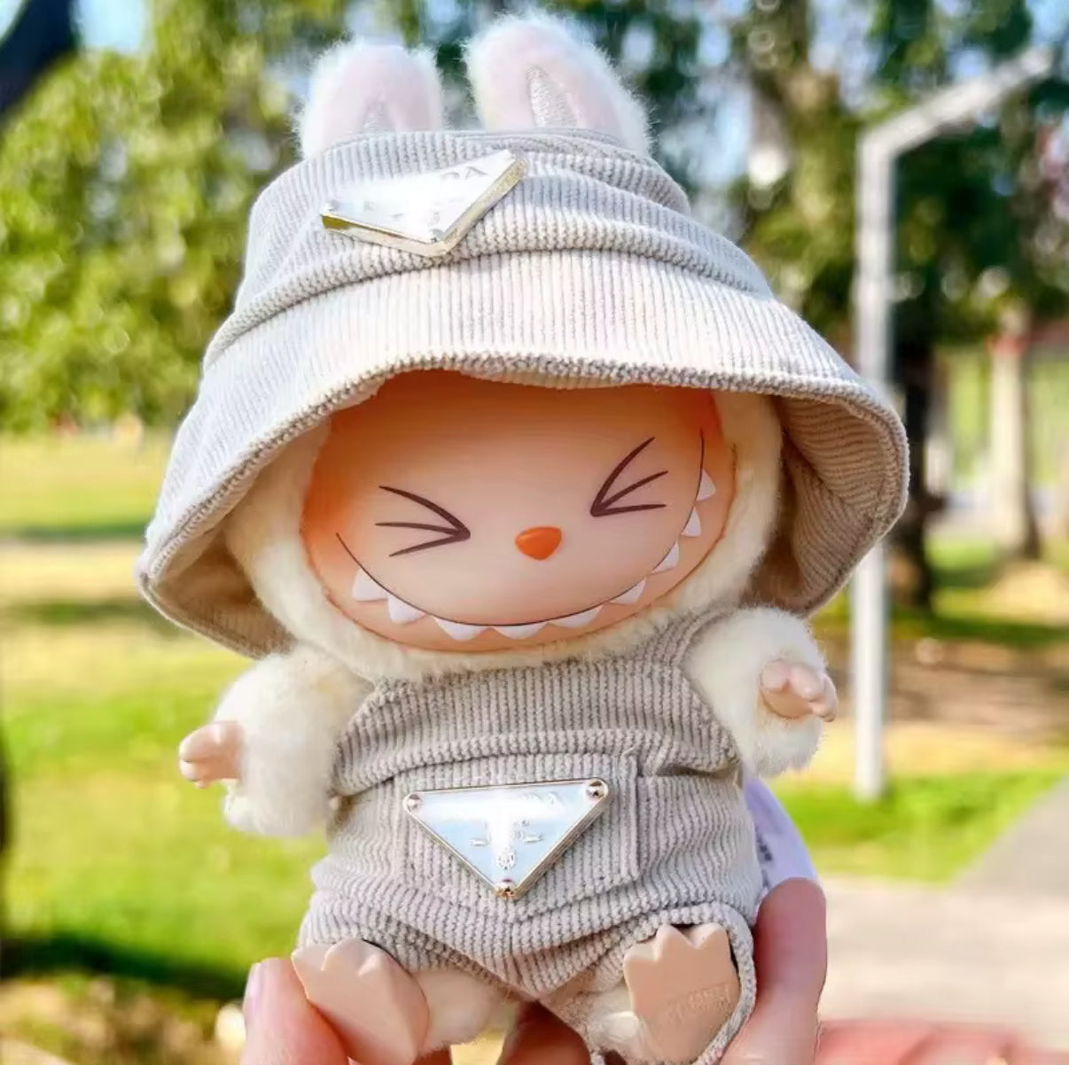 Prada Overalls and Hat Designer Fashion Kawaii Cute Doll Labubu Outfit Clothes 17cm