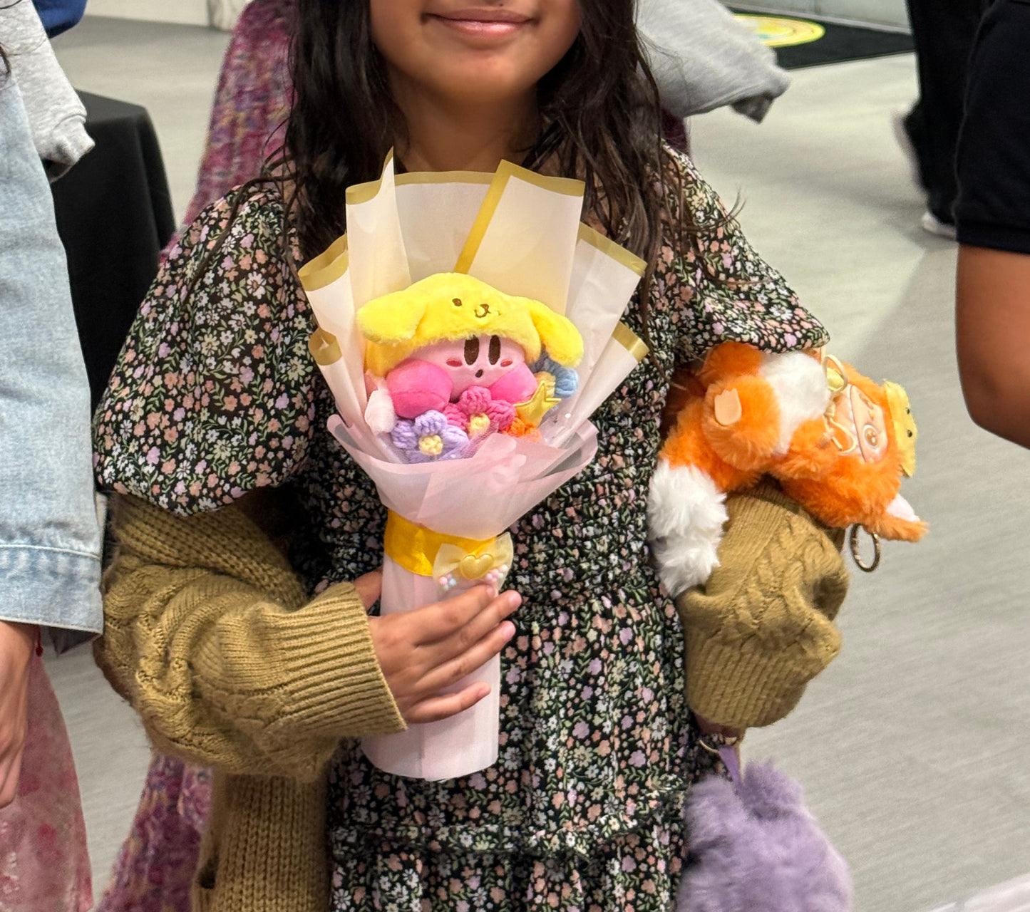 Yellow Dog X Pink Kirbie Plushie Crochet Flower Bouquet