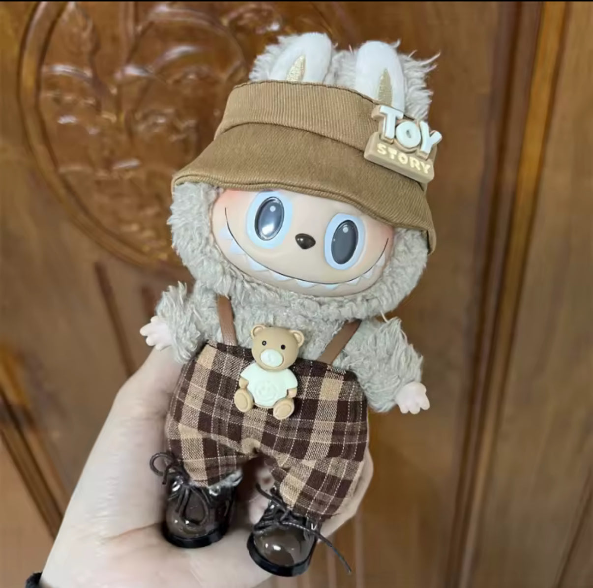 Toy Story Checker Brown Overalls Kawaii Cute Doll Labubu Outfit Clothes 17cm
