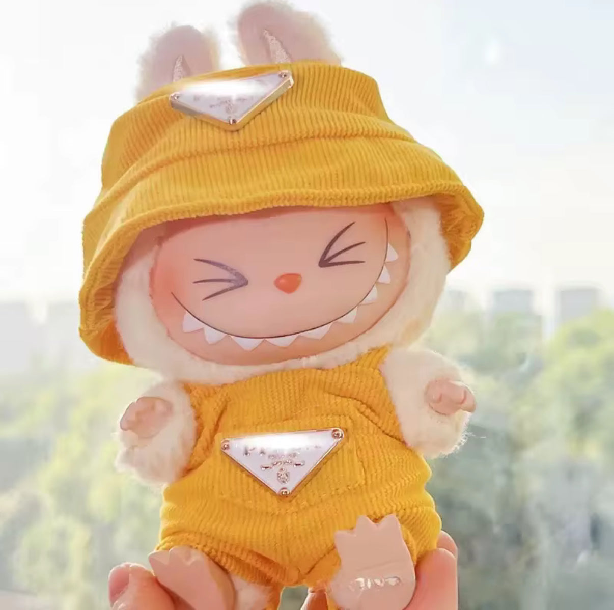 Prada Overalls and Hat Designer Fashion Kawaii Cute Doll Labubu Outfit Clothes 17cm