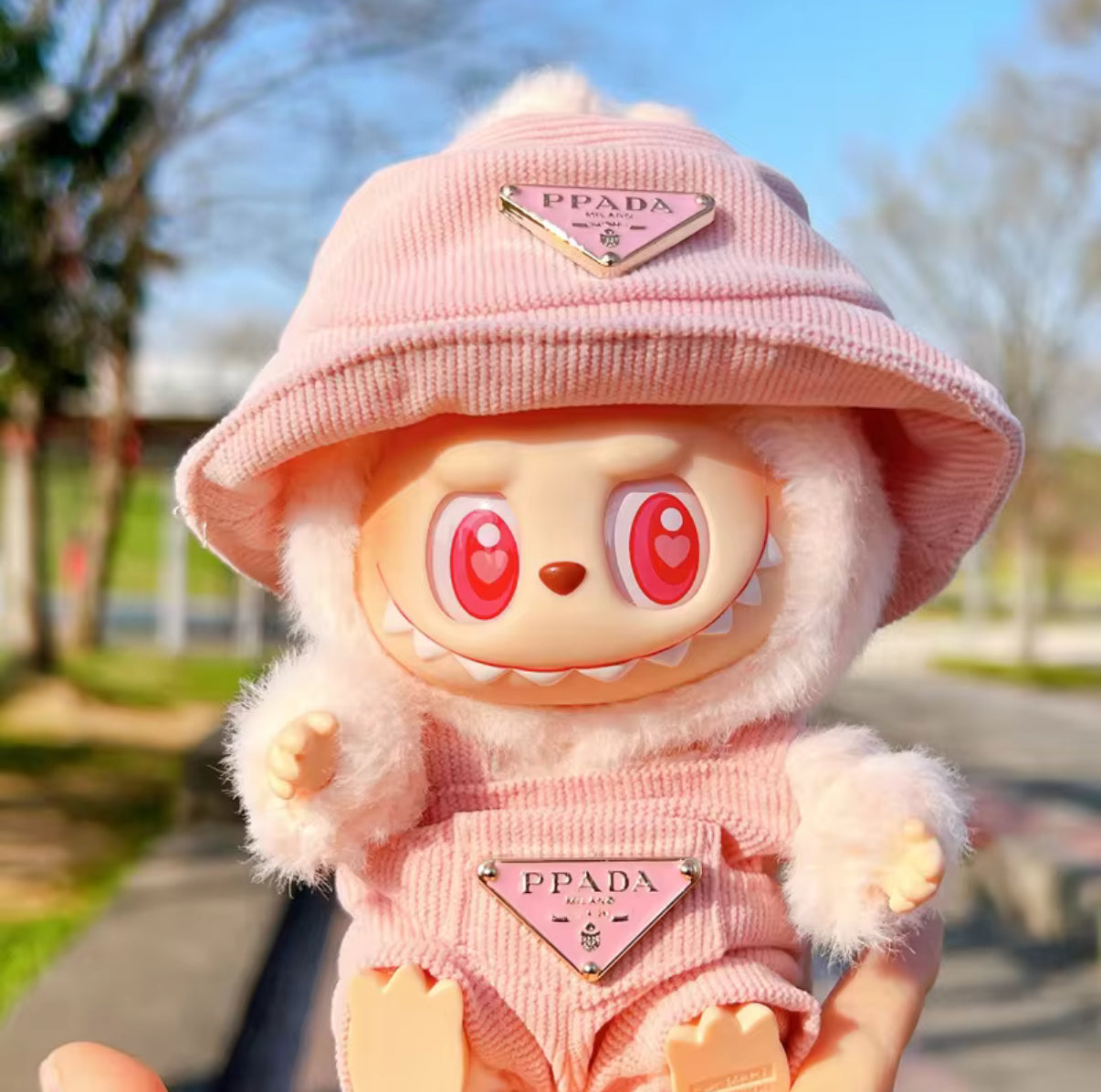 Prada Overalls and Hat Designer Fashion Kawaii Cute Doll Labubu Outfit Clothes 17cm
