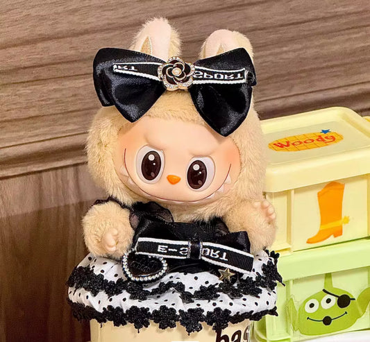 Miu Miu High Class Black and White Card Dress Fancy Fashion Designer Kawaii Cute Doll Labubu Outfit Clothes 17cm