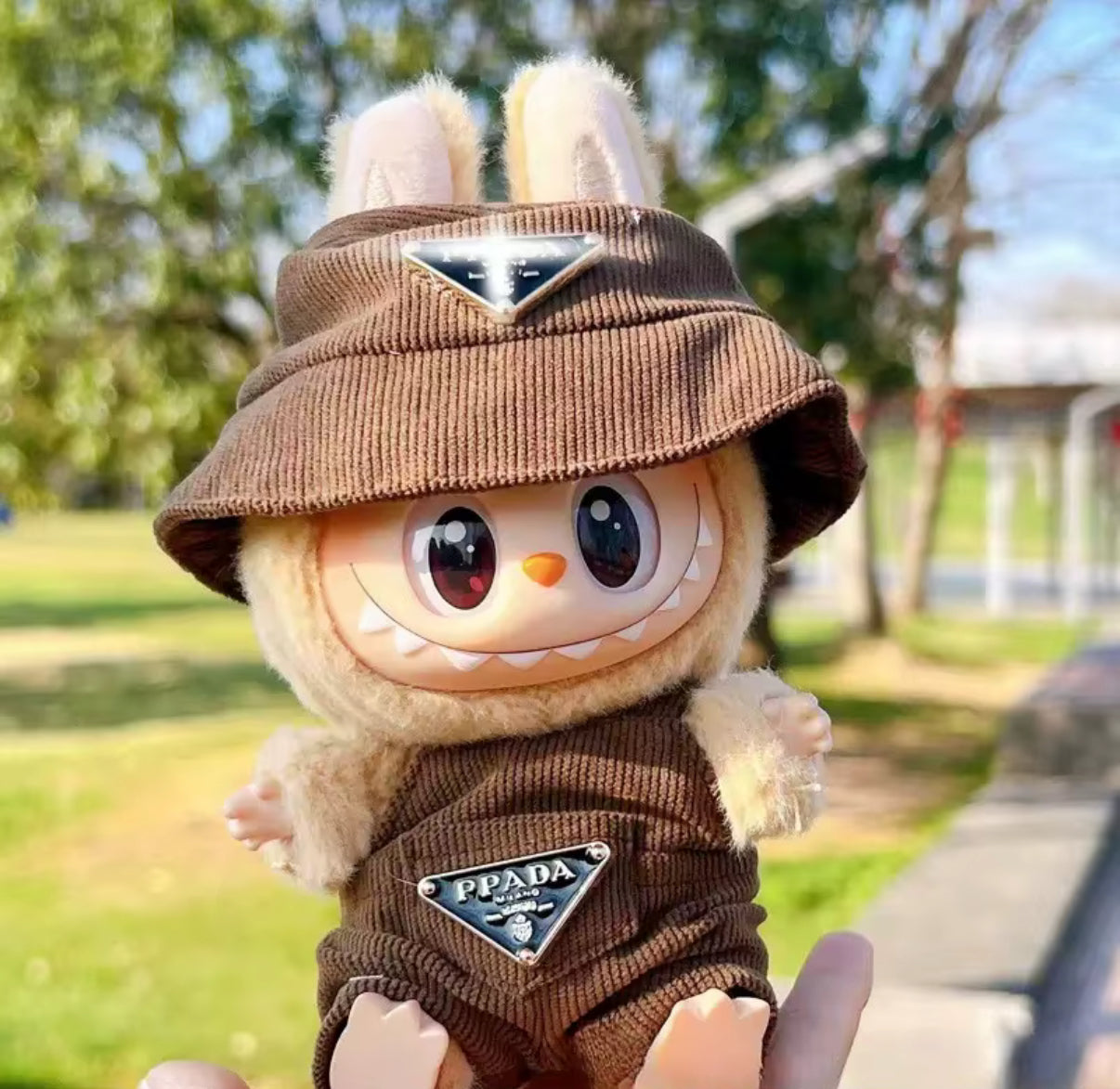 Prada Overalls and Hat Designer Fashion Kawaii Cute Doll Labubu Outfit Clothes 17cm
