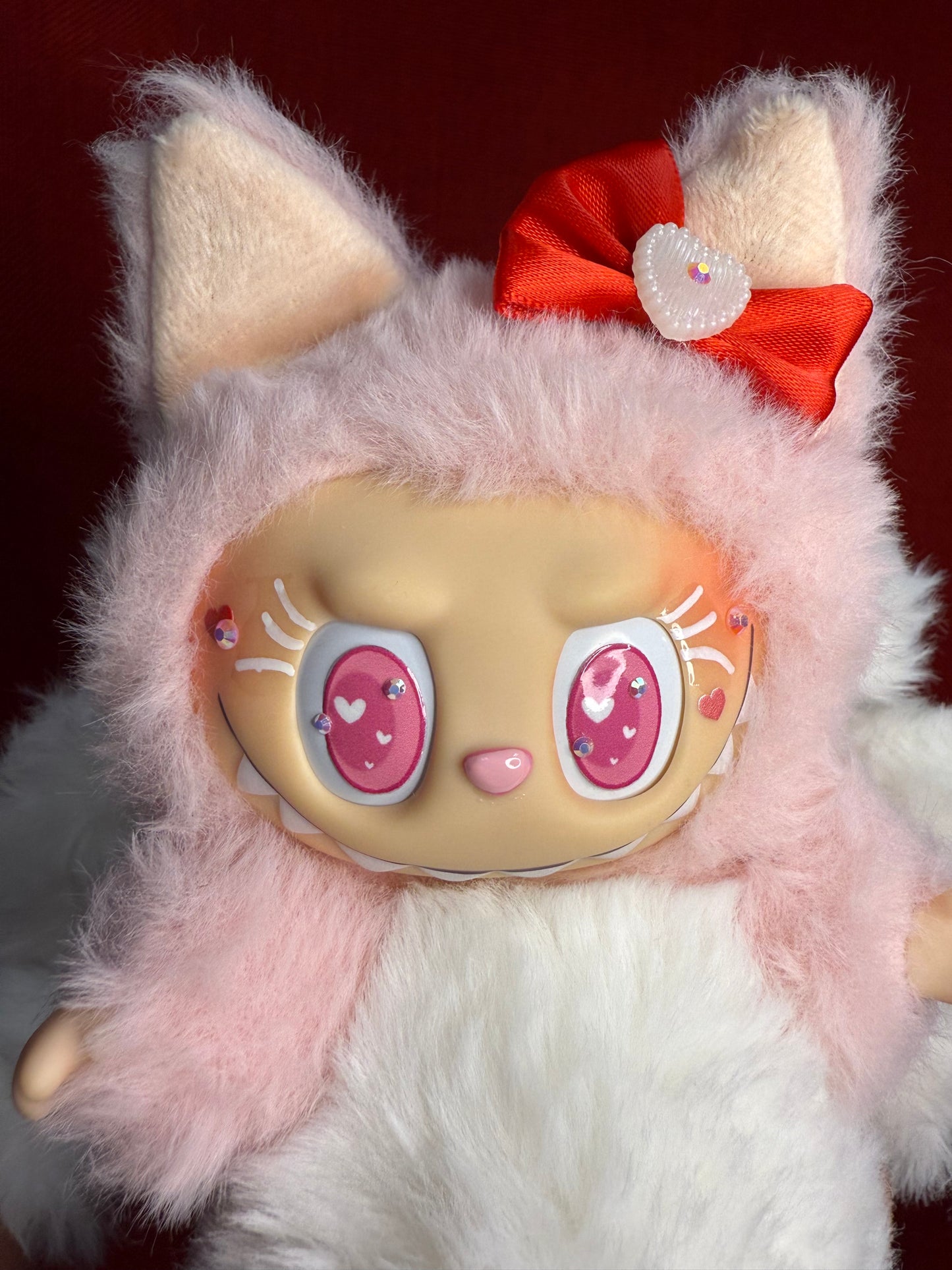 Bedazzled Pink Custom Nine-tailed Hearts Handmade Fluffy Labubu
