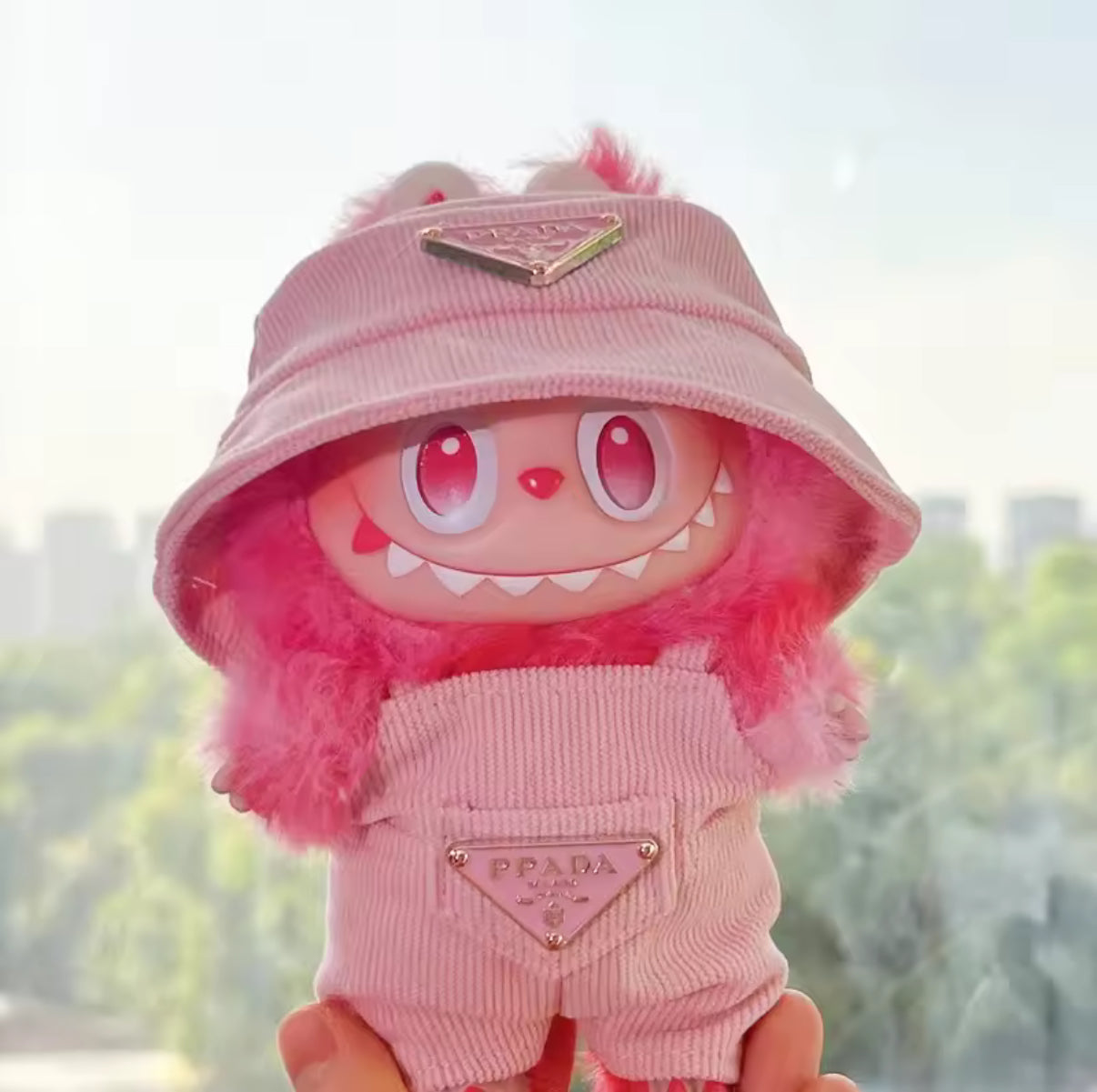 Prada Overalls and Hat Designer Fashion Kawaii Cute Doll Labubu Outfit Clothes 17cm