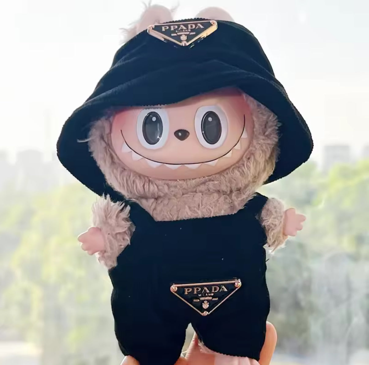 Prada Overalls and Hat Designer Fashion Kawaii Cute Doll Labubu Outfit Clothes 17cm