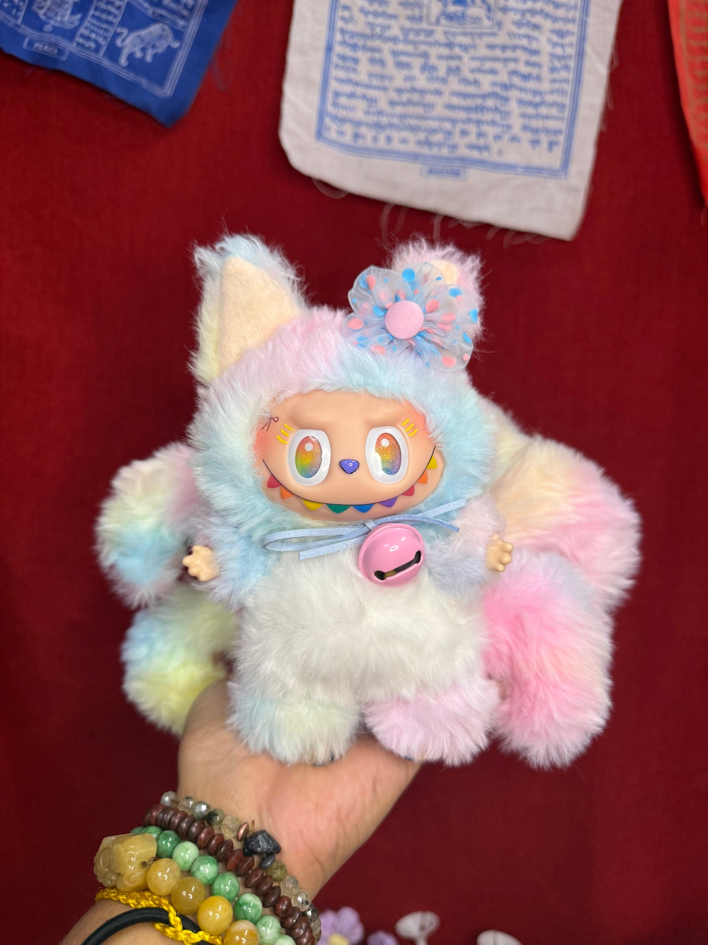 Rainbow Cotton Candy Custom Nine-tailed Handmade Fluffy Labubu