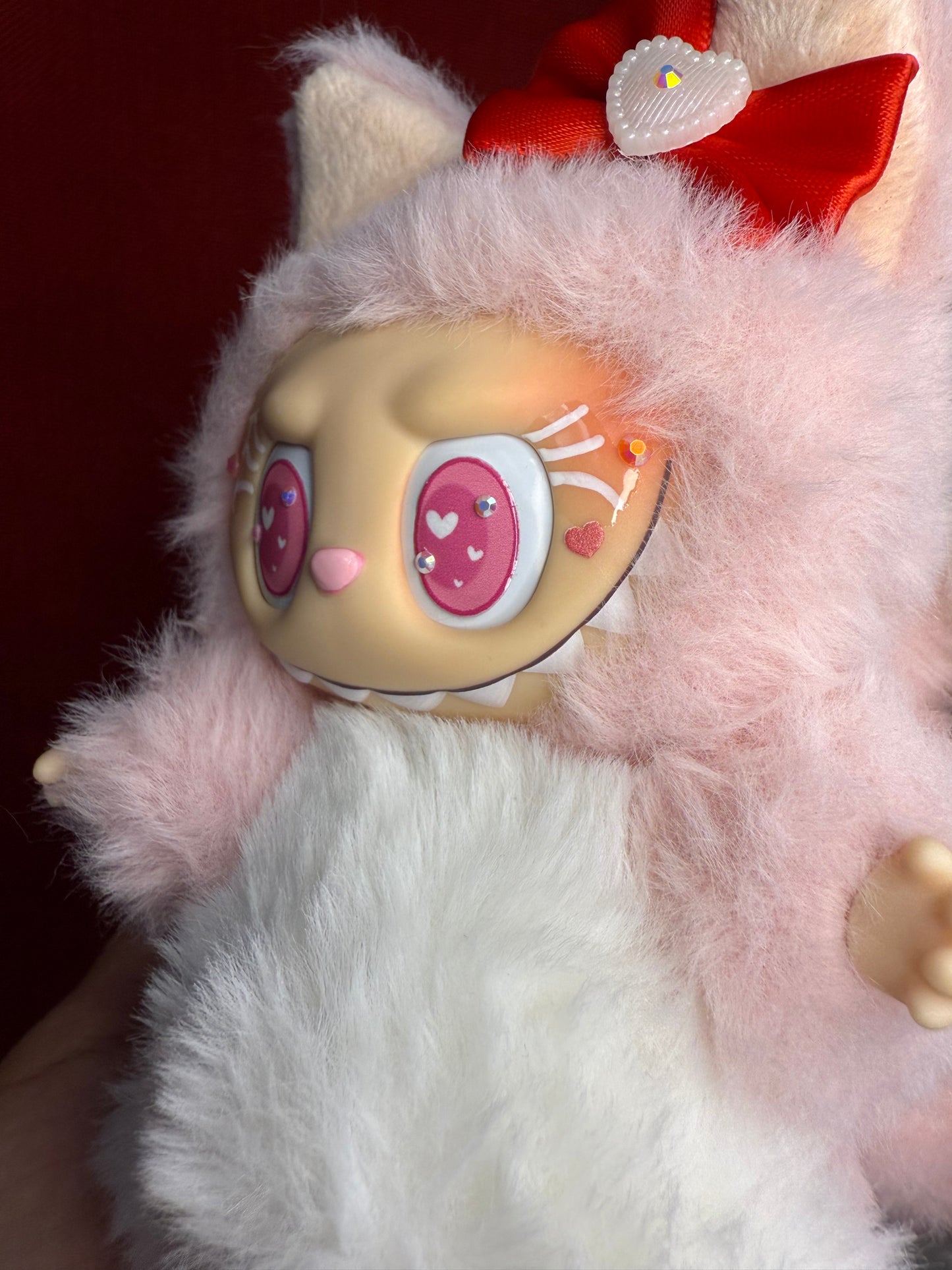 Bedazzled Pink Custom Nine-tailed Hearts Handmade Fluffy Labubu
