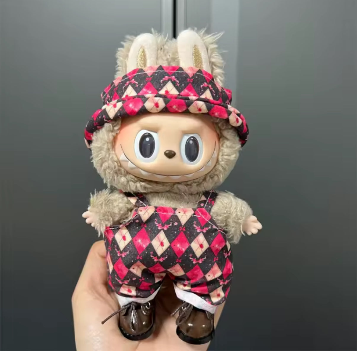 Checkered Overalls Kawaii Cute Doll Labubu Outfit Clothes 17cm