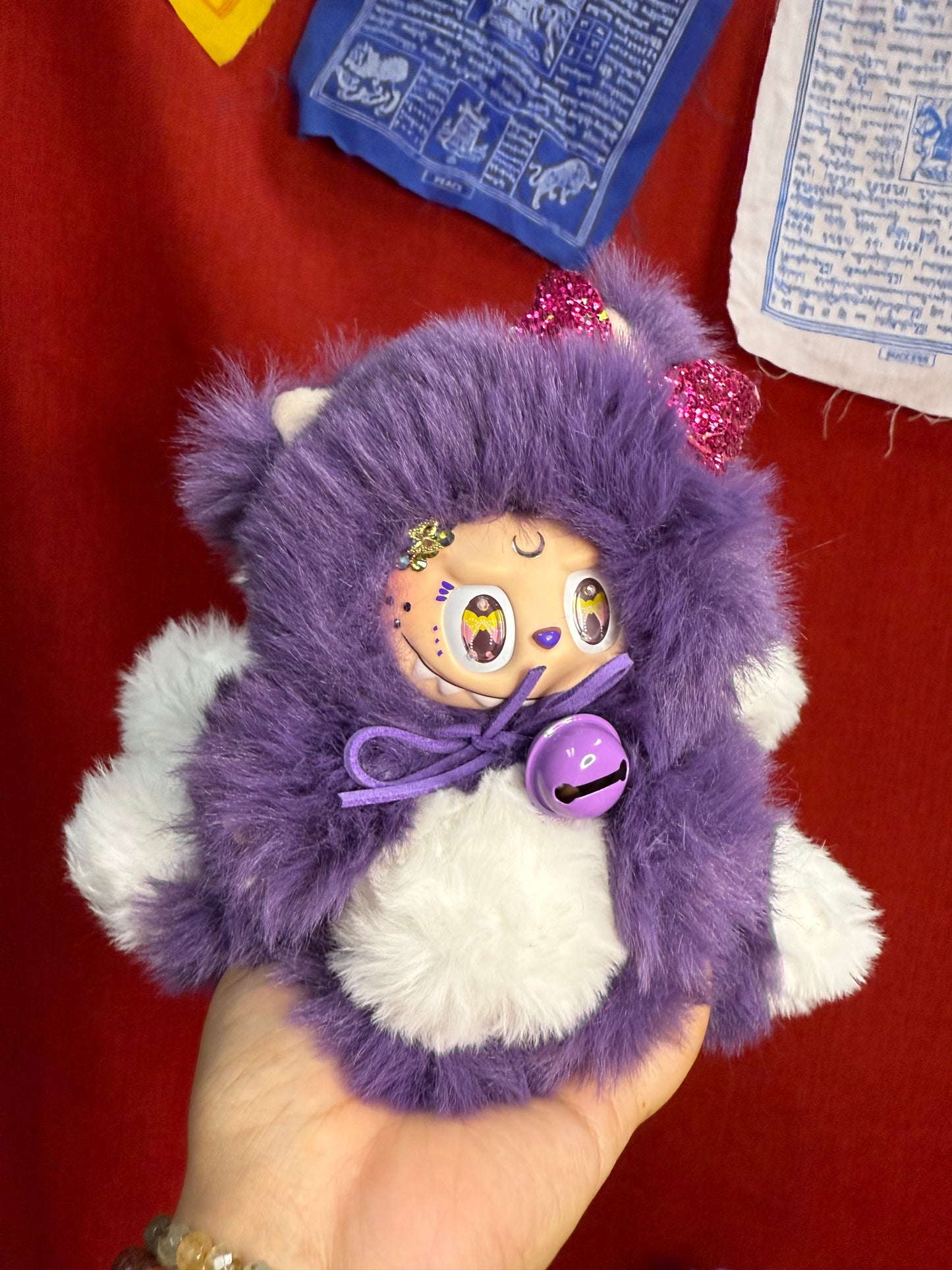 Crecent Moon Bedazzled Purple Custom Nine-tailed Handmade Fluffy Labubu