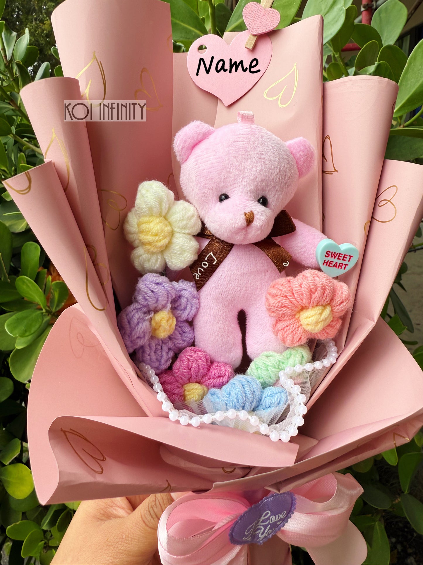 Valentine Pink Crochet Flowers Bear Plushie Bouquet
