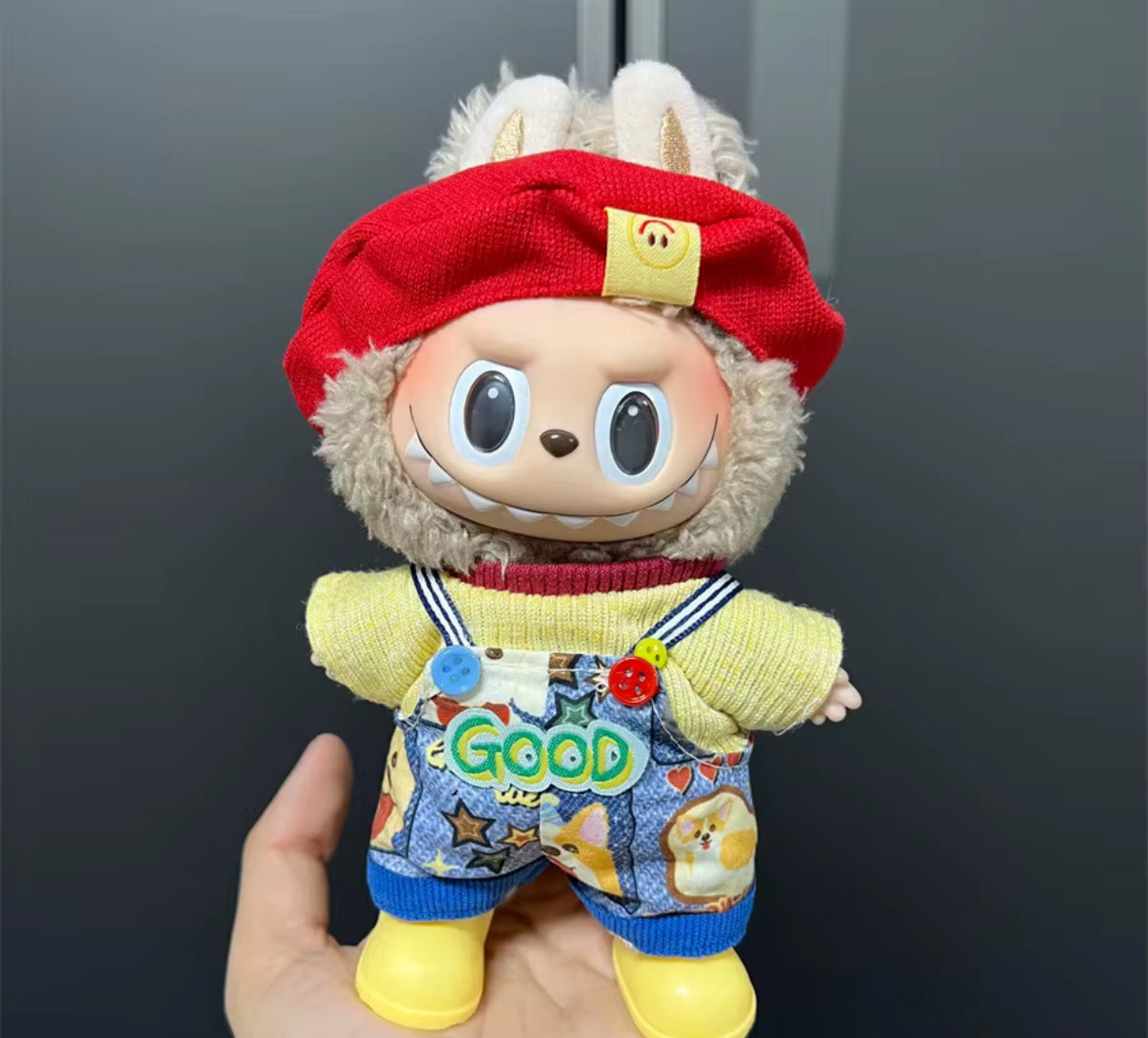 Red and Yellow Good Dog Overalls Kawaii Cute Doll Outfit Clothes 17cm