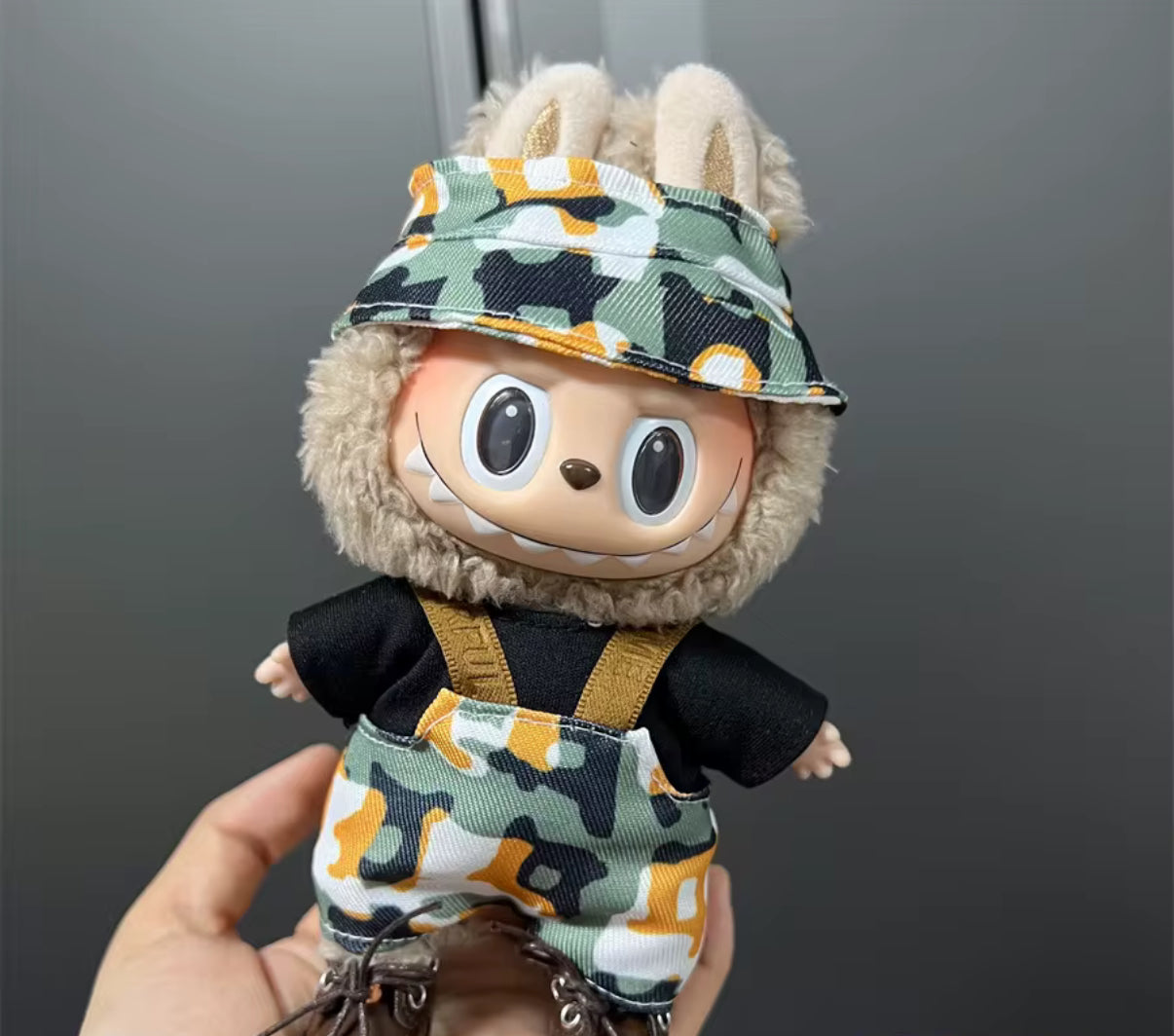 Green Yellow Army Camouflage Print Overalls Kawaii Cute Doll Labubu Outfit Clothes 17cm