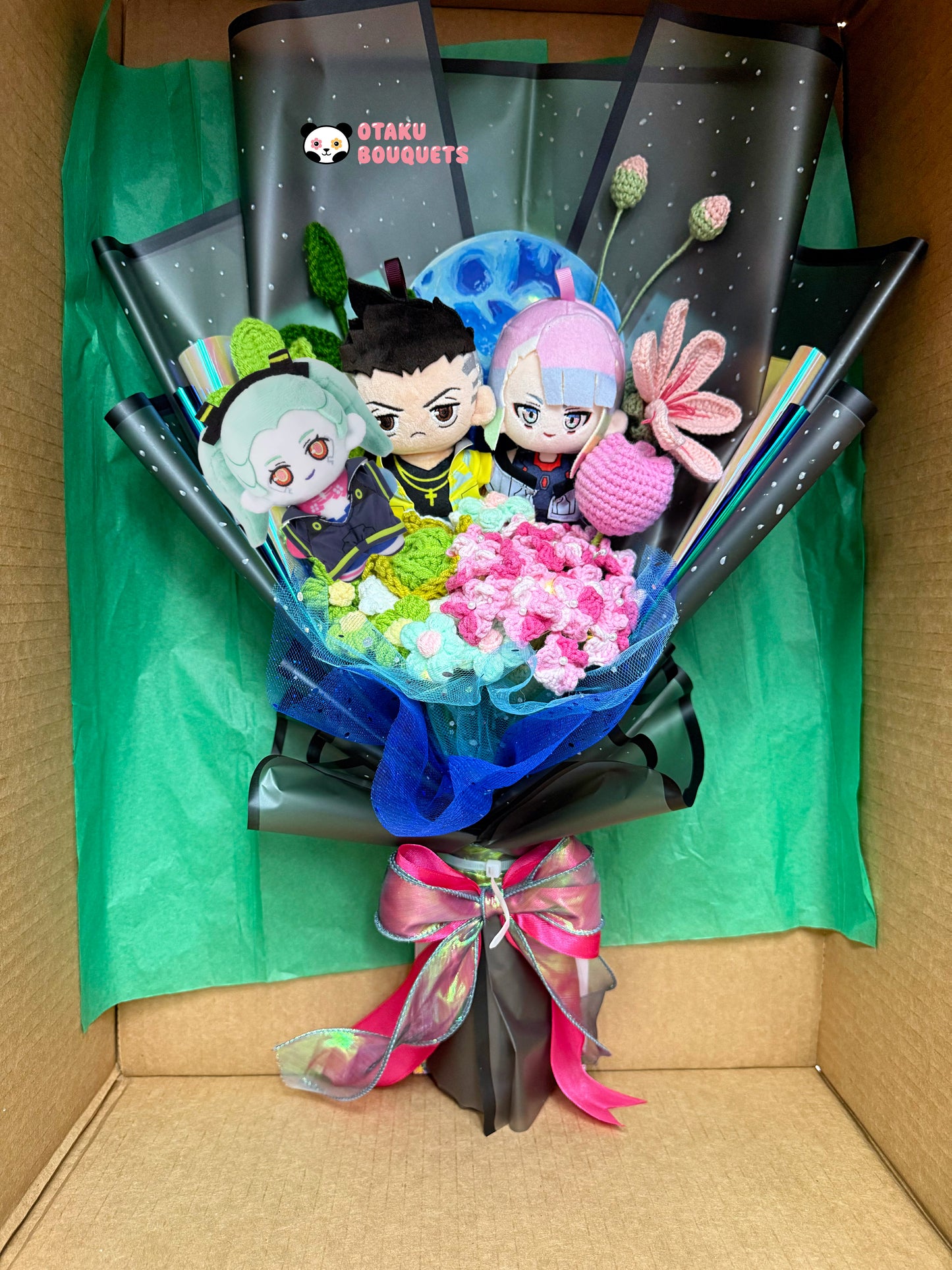 Rebecca, David and Lucy Cyber Punk Anime Plushie Crochet Flower Bouquet