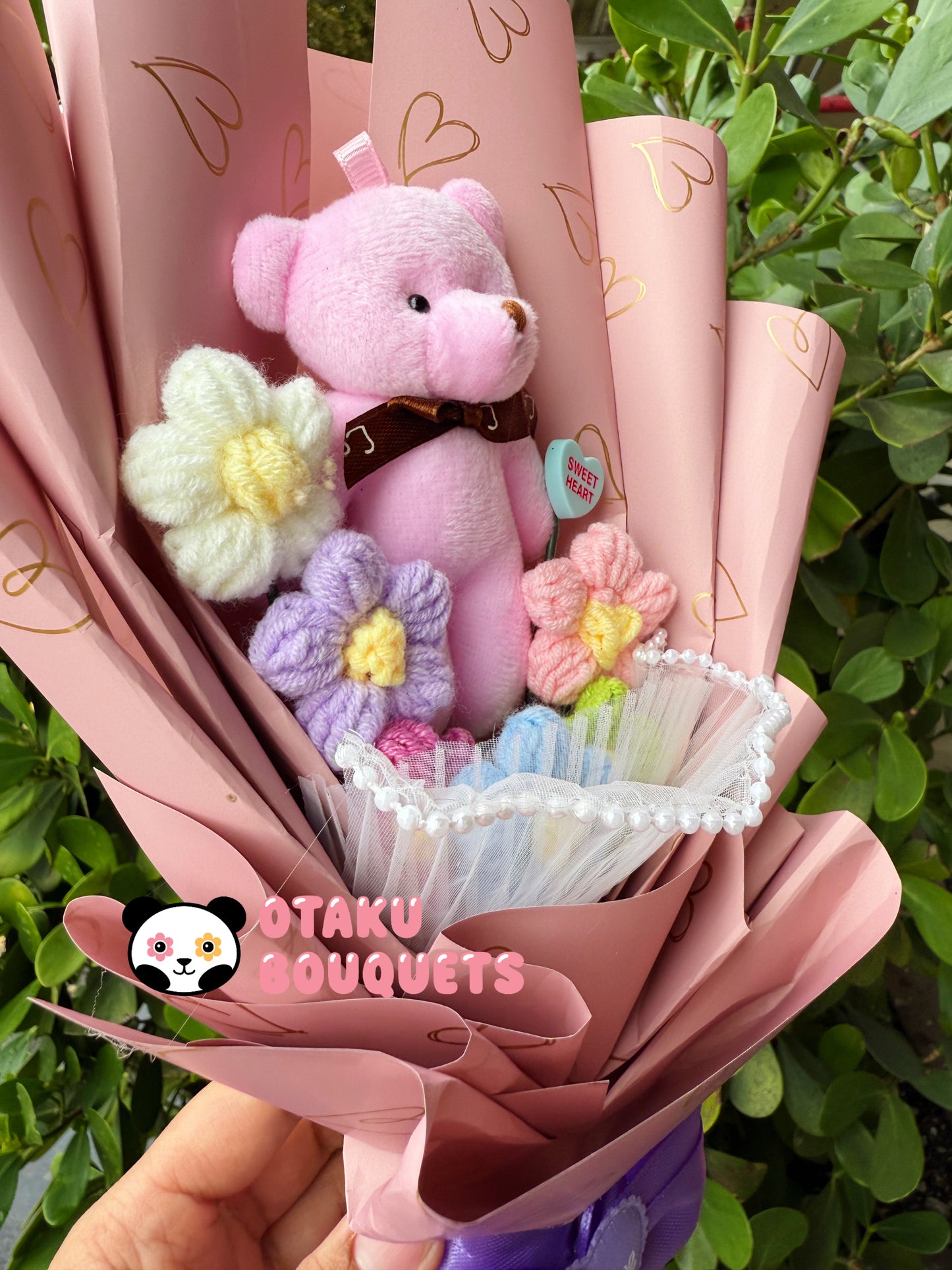 Valentine Pink Crochet Flowers Bear Plushie Bouquet