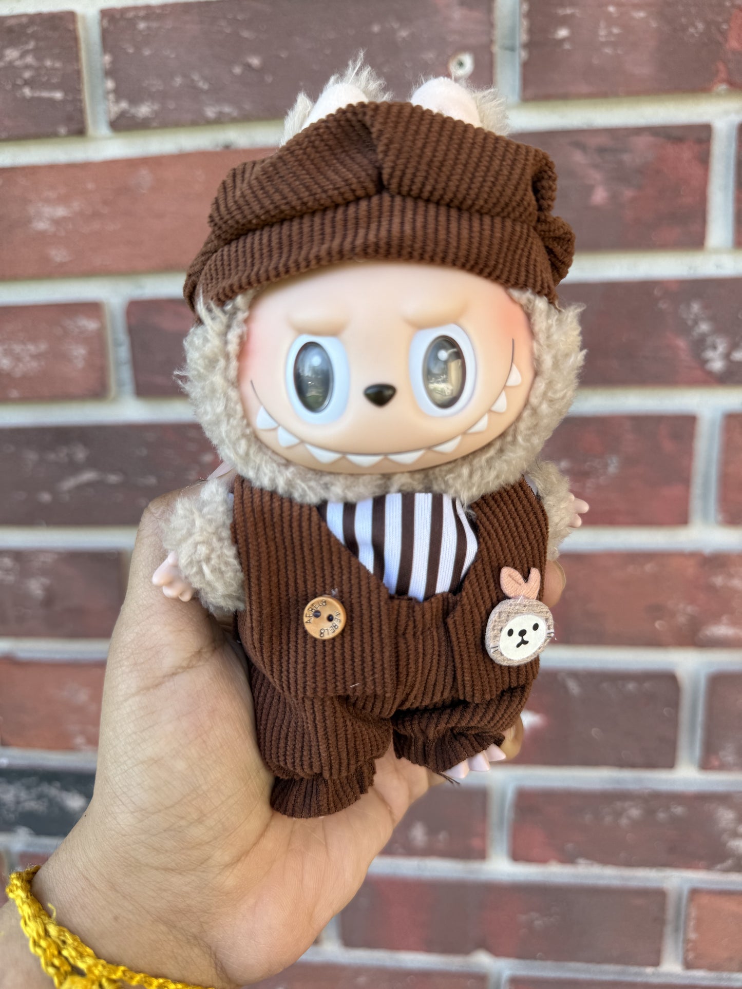 Stripped Brown Overalls Kawaii Cute Doll Labubu Outfit Clothes 17cm