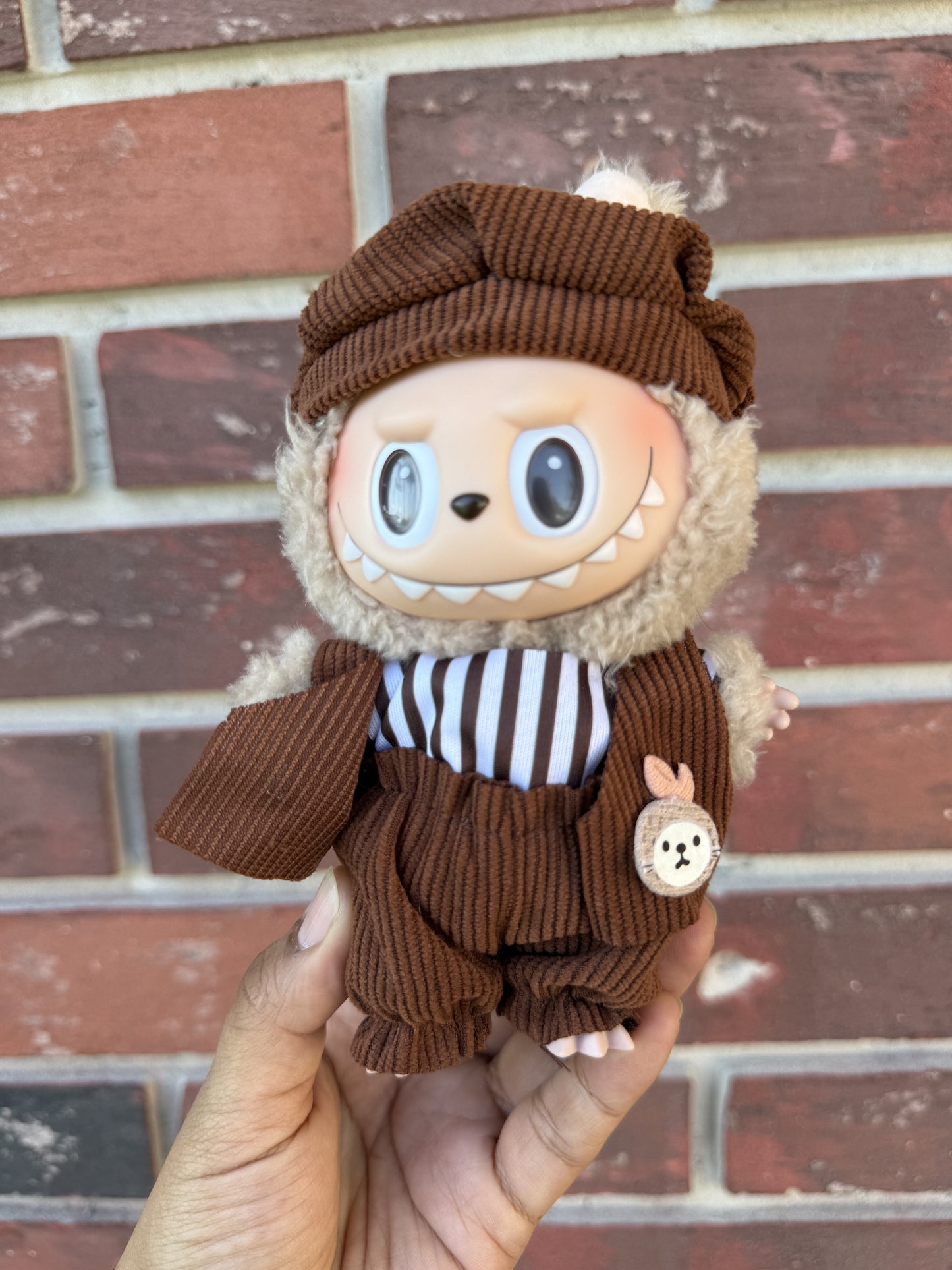 Stripped Brown Overalls Kawaii Cute Doll Labubu Outfit Clothes 17cm