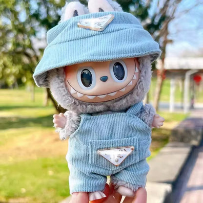 Prada Overalls and Hat Designer Fashion Kawaii Cute Doll Labubu Outfit Clothes 17cm
