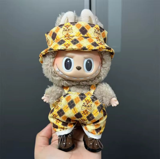 Checkered Overalls Kawaii Cute Doll Labubu Outfit Clothes 17cm