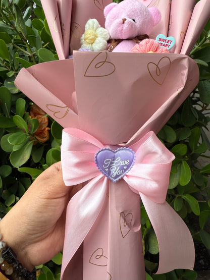 Valentine Pink Crochet Flowers Bear Plushie Bouquet
