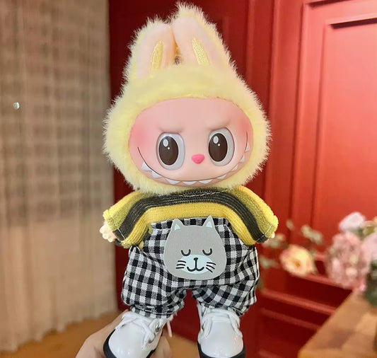 Green strip Cat Checkered Overalls Outfit Set Kawaii Cute Doll Labubu Outfit Clothes 17cm