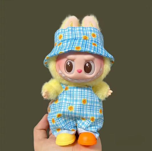 Blue Sunflower Checker Overalls Kawaii Cute Doll Labubu Outfit Clothes 17cm