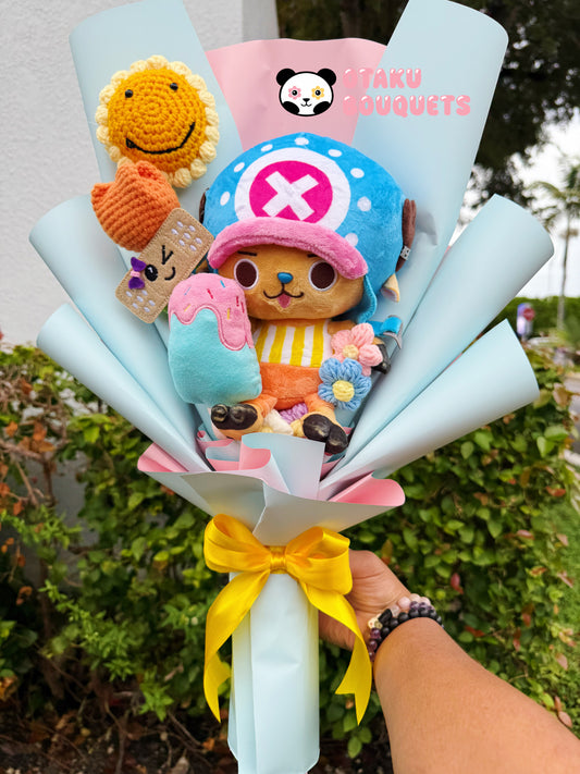 Cute Reindeer Doctor Pirate Anime Plushie Crochet Flower Bouquet