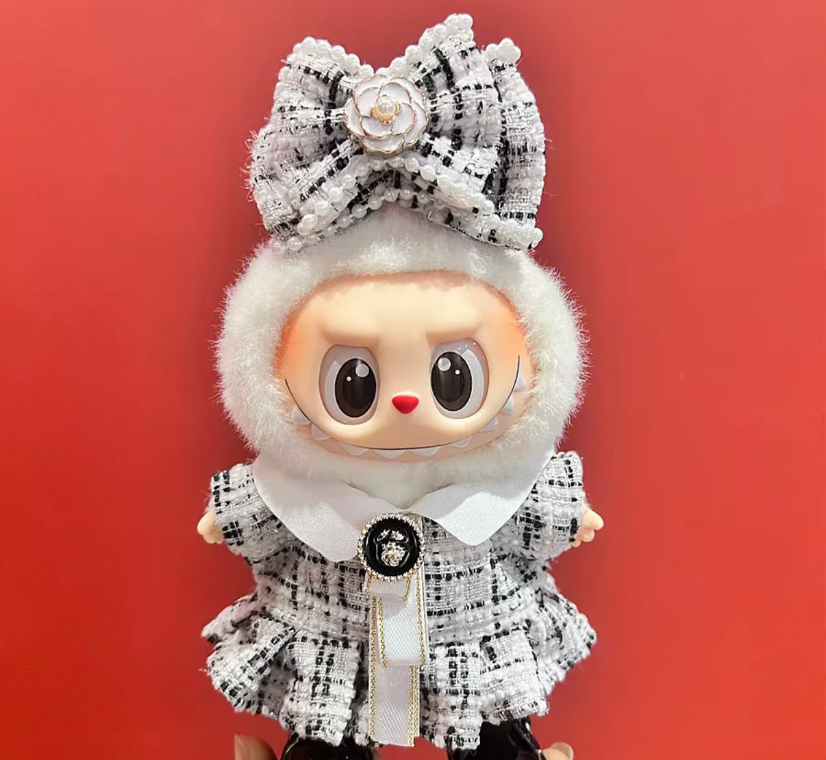 Plaid High Class Black and White Card Dress Fancy Fashion Designer Kawaii Cute Doll Labubu Outfit Clothes 17cm
