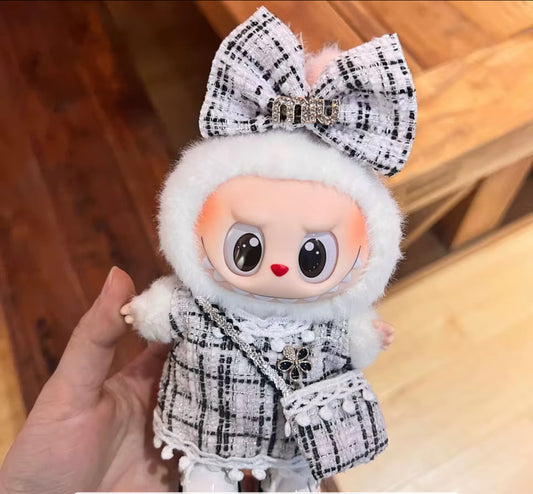 Min Black and White Plaid Dress Fancy Fashion Designer Kawaii Cute Doll Labubu Outfit Clothes 17cm