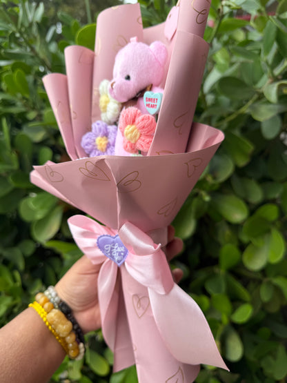 Valentine Pink Crochet Flowers Bear Plushie Bouquet