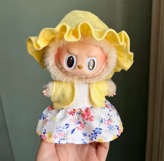 Yellow Flowery Dress Kawaii Cute Doll Labubu Outfit Clothes 17cm