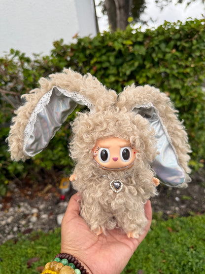 Curly Hair Bunny Rabbit Brown with Holographic Ears Custom Handmade Fluffy