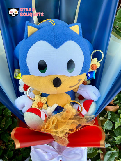Fast Blue Hedgehog Plushie Crochet Flower Bouquet