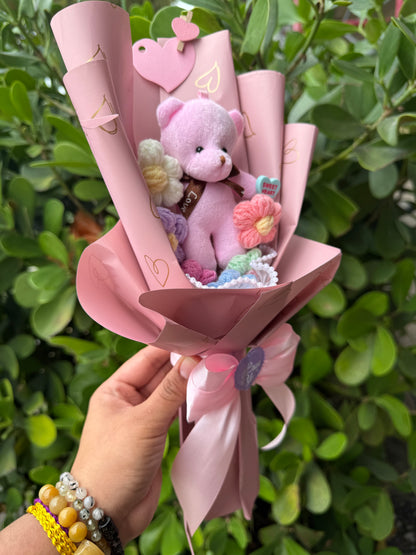 Valentine Pink Crochet Flowers Bear Plushie Bouquet