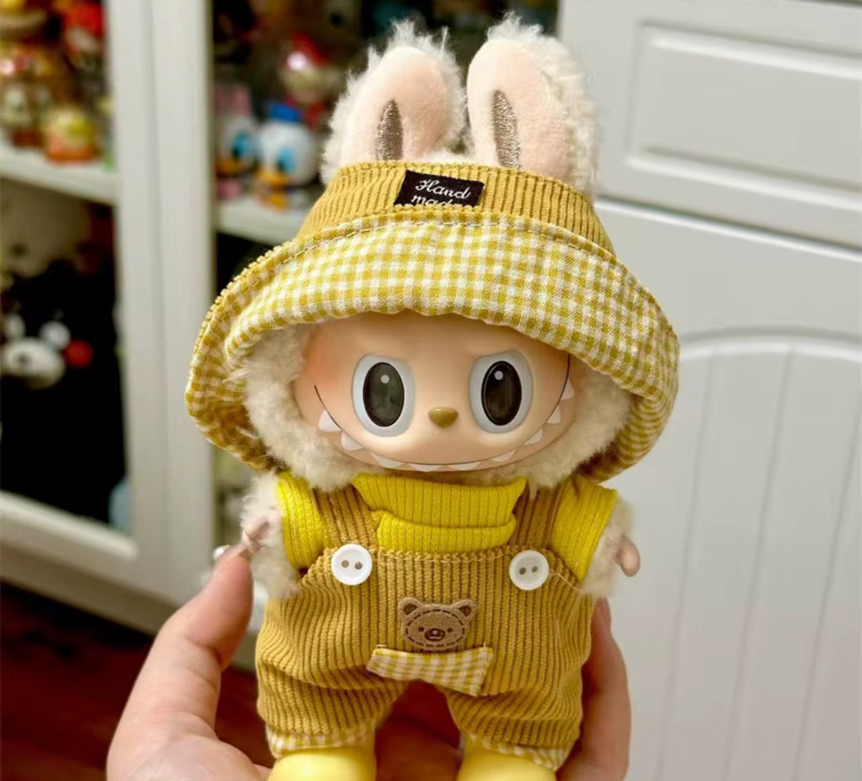 Mustard Yellow Bear Overalls Set Kawaii Cute Doll Labubu Outfit Clothes 17cm