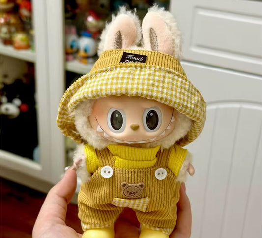 Mustard Yellow Bear Overalls Set Kawaii Cute Doll Labubu Outfit Clothes 17cm