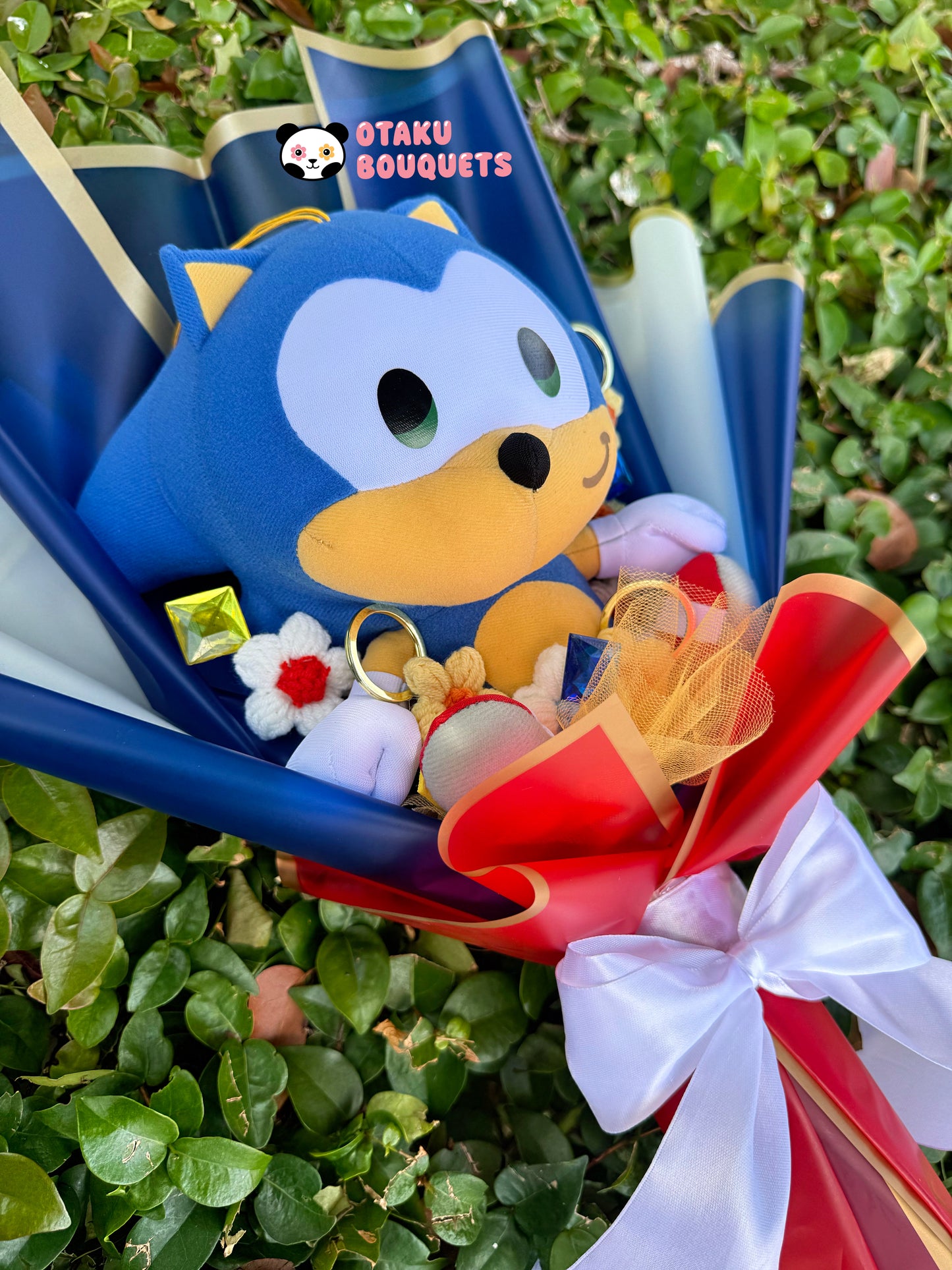 Fast Blue Hedgehog Plushie Crochet Flower Bouquet