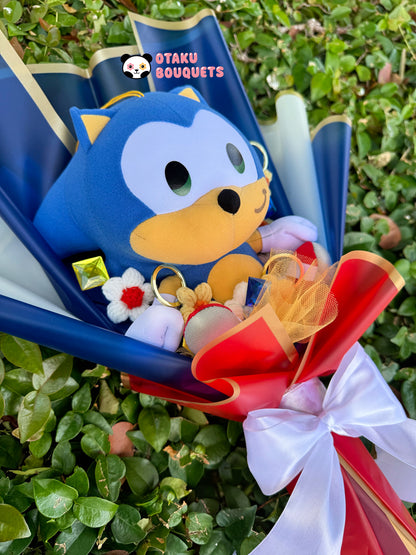 Fast Blue Hedgehog Plushie Crochet Flower Bouquet