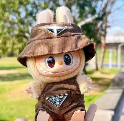 Prada Overalls and Hat Designer Fashion Kawaii Cute Doll Labubu Outfit Clothes 17cm