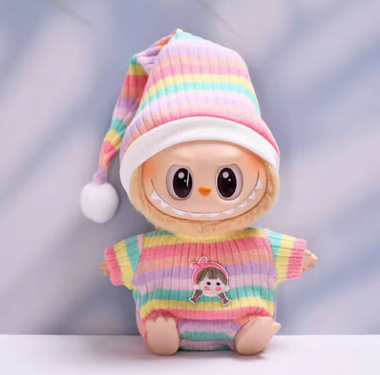 Pink Stripped Pjs Kawaii Cute Doll Labubu Outfit Clothes 17cm