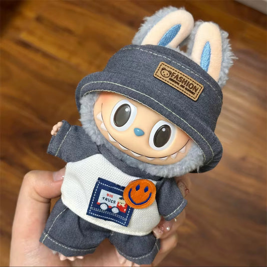 Happy Face Jean Overalls Kawaii Cute Doll Labubu Outfit Clothes 17cm
