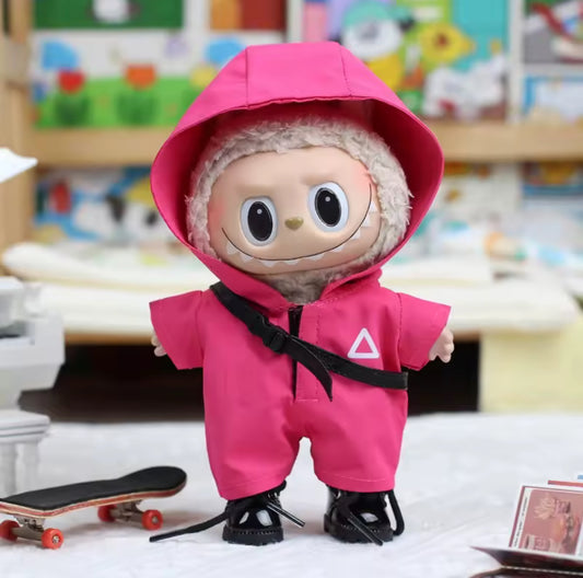Squid Games Pink Overalls Doll Labubu Anime Costume Cosplay Clothes 17cm
