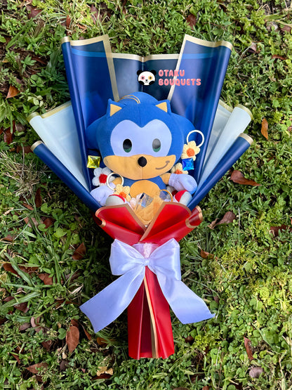 Fast Blue Hedgehog Plushie Crochet Flower Bouquet