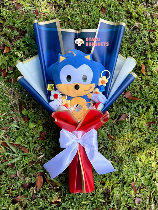 Fast Blue Hedgehog Plushie Crochet Flower Bouquet