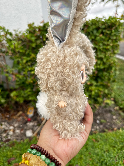 Curly Hair Bunny Rabbit Brown with Holographic Ears Custom Handmade Fluffy