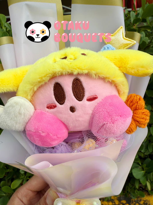 Yellow Dog X Pink Kirbie Plushie Crochet Flower Bouquet