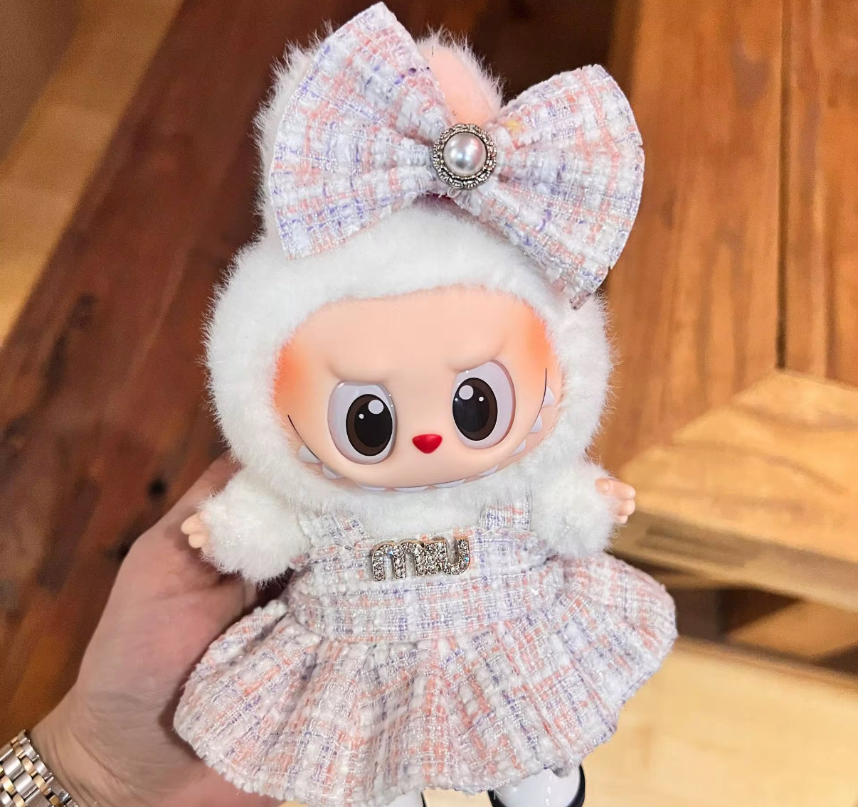Miu Miu Purple Plaid Dress Fancy Fashion Designer Kawaii Cute Doll Labubu Outfit Clothes 17cm