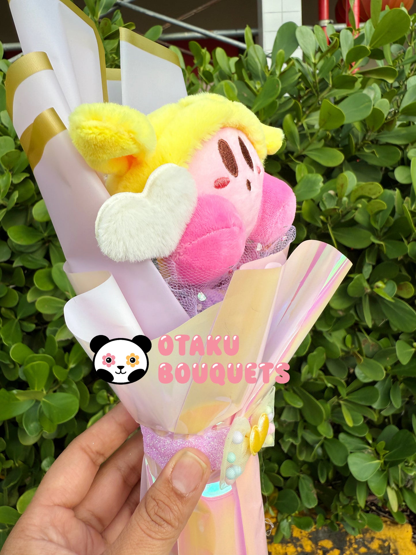 Yellow Dog X Pink Kirbie Plushie Crochet Flower Bouquet