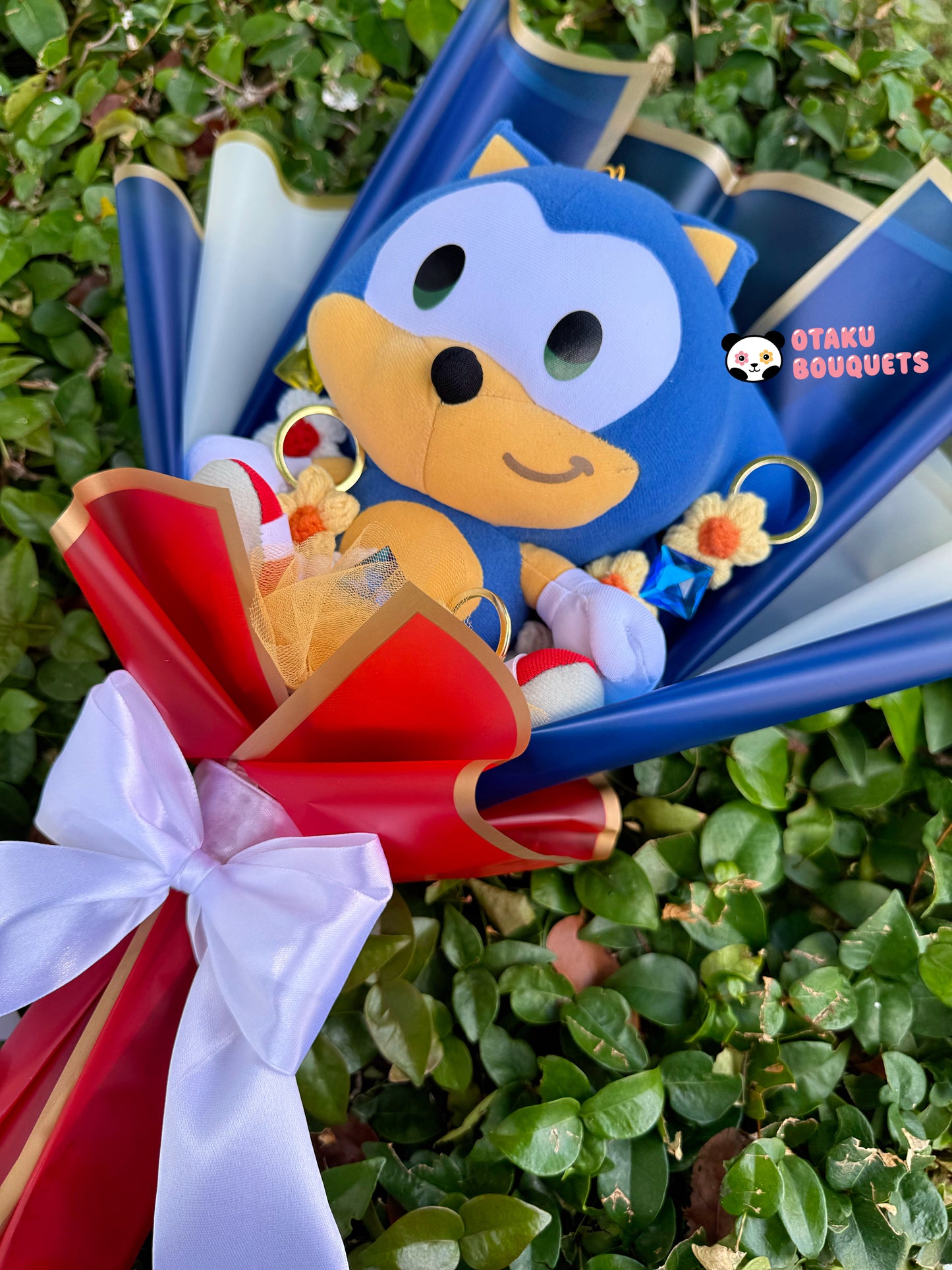 Fast Blue Hedgehog Plushie Crochet Flower Bouquet