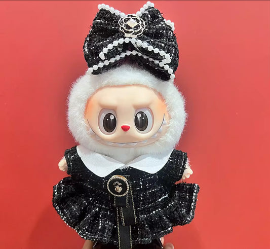 Plaid High Class Black and White Card Dress Fancy Fashion Designer Kawaii Cute Doll Labubu Outfit Clothes 17cm
